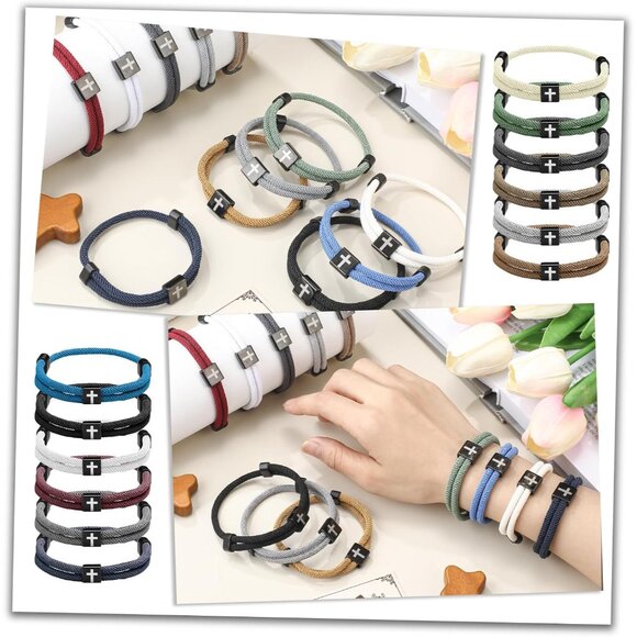 12 Pcs Nylon Cross Bracelets for Men Women Adjustable Gift Set Stylish Jewelry - Picture 6 of 7